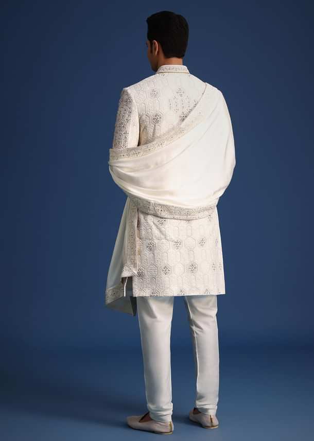 Off White Lucknowi Sherwani Set With Sequin Work