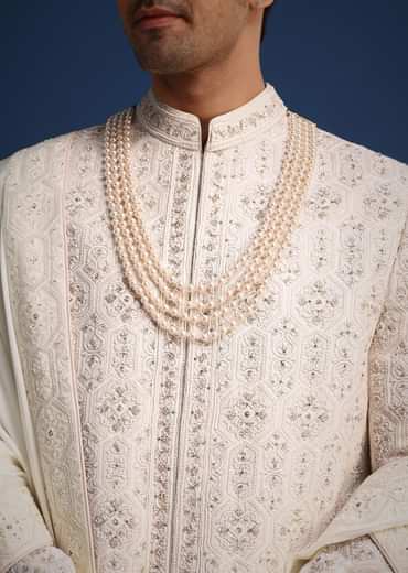 Off White Lucknowi Sherwani Set With Sequin Work