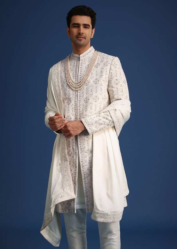 Off White Lucknowi Sherwani Set With Sequin Work