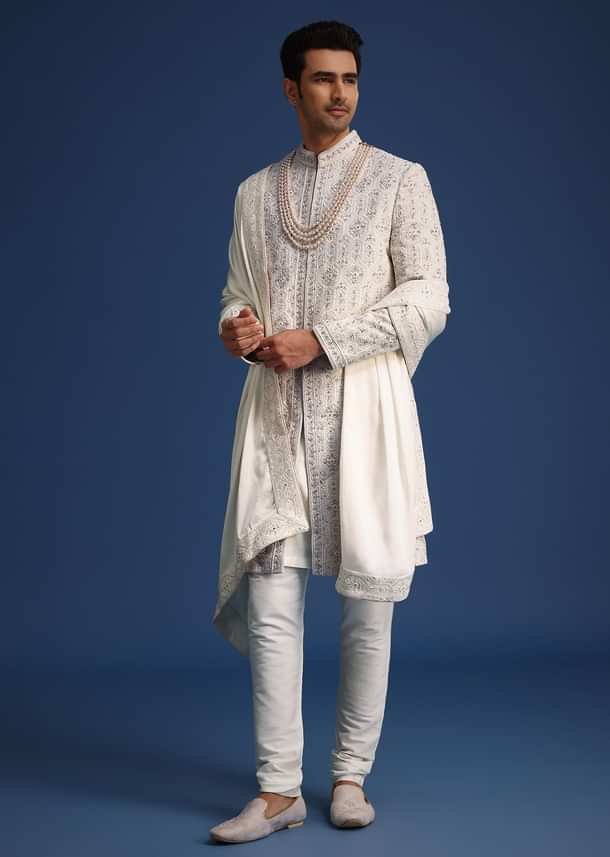 Off White Lucknowi Sherwani Set With Sequin Work