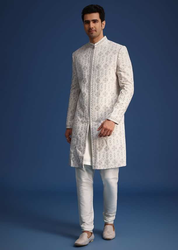 Off White Lucknowi Sherwani Set With Sequin Work