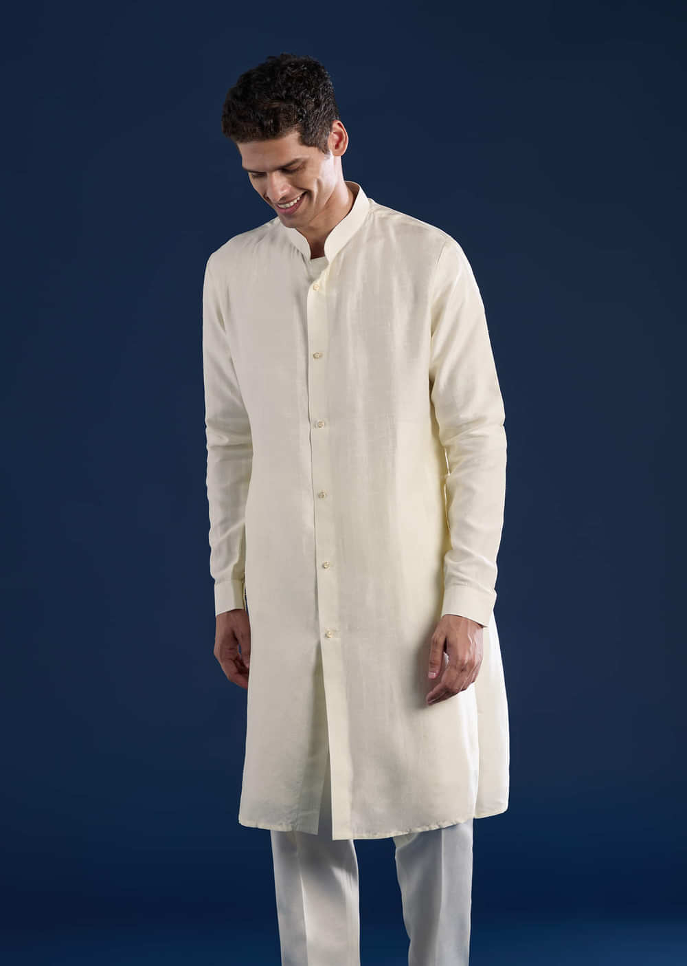Off White Mens Silk Jacket Kurta Set with Resham Embroidery