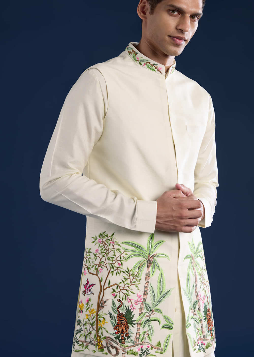 Off White Mens Silk Jacket Kurta Set with Resham Embroidery