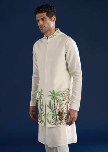 Off White Mens Silk Jacket Kurta Set with Resham Embroidery