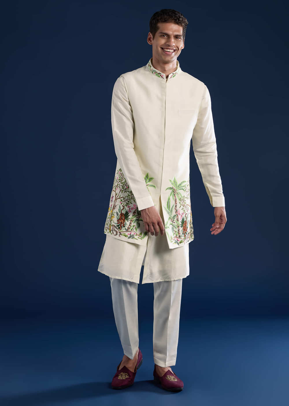 Off White Mens Silk Jacket Kurta Set with Resham Embroidery