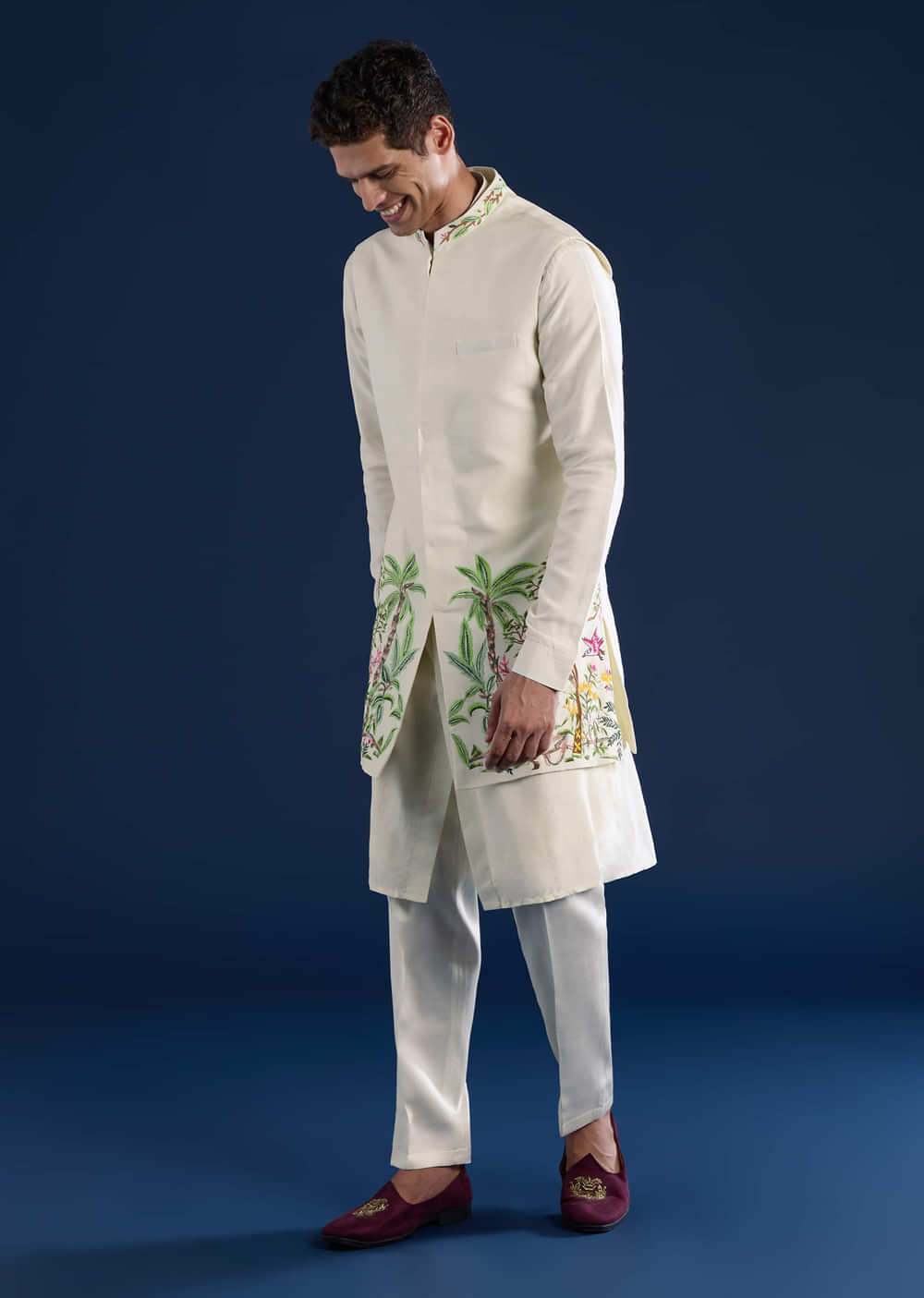 Off White Mens Silk Jacket Kurta Set with Resham Embroidery