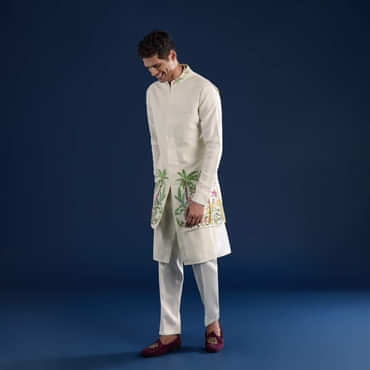 Off White Mens Silk Jacket Kurta Set with Resham Embroidery