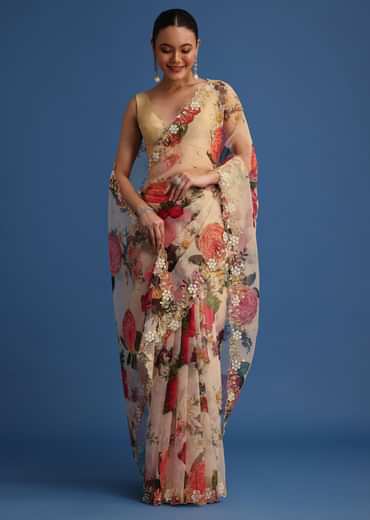 Off White Organza Floral Printed Saree With Embroidered Border
