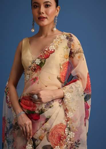 Off White Organza Floral Printed Saree With Embroidered Border