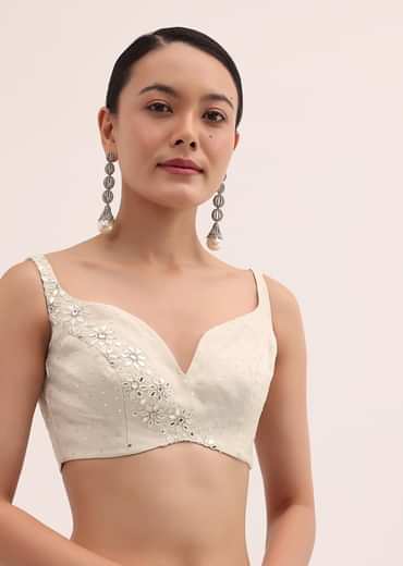 Off White Organza Saree In Sequins With Unstitched Blouse
