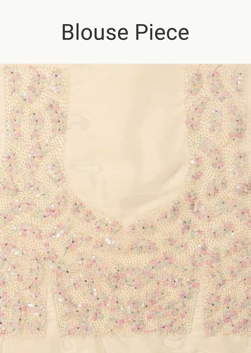 Off White Organza Saree In Thread Work With Unstitched Blouse