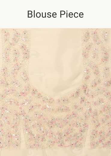 Off White Organza Saree In Thread Work With Unstitched Blouse