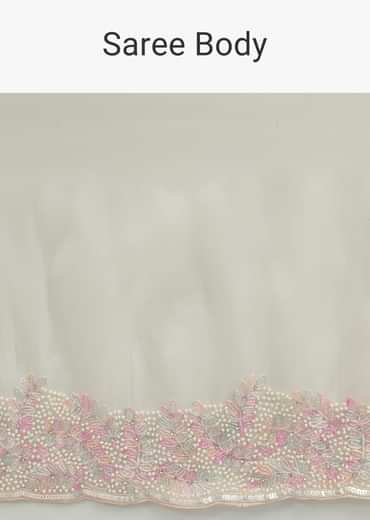 Off White Organza Saree In Thread Work With Unstitched Blouse