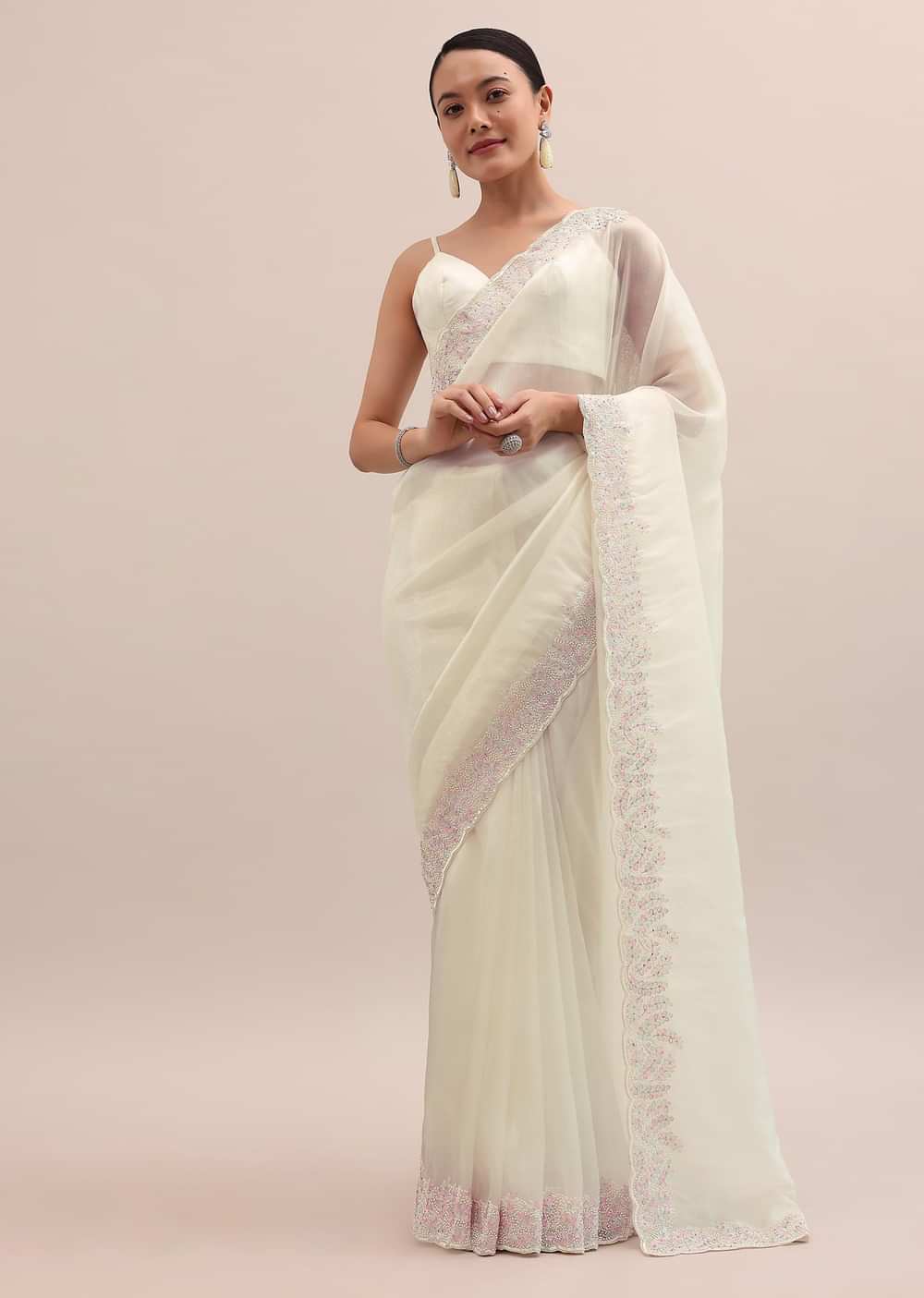 Off White Organza Saree In Thread Work With Unstitched Blouse
