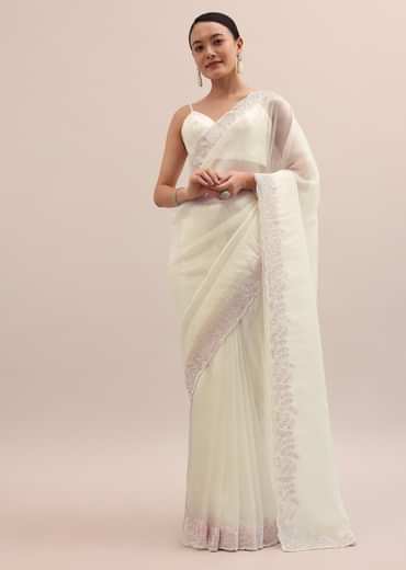 Off White Organza Saree In Thread Work With Unstitched Blouse