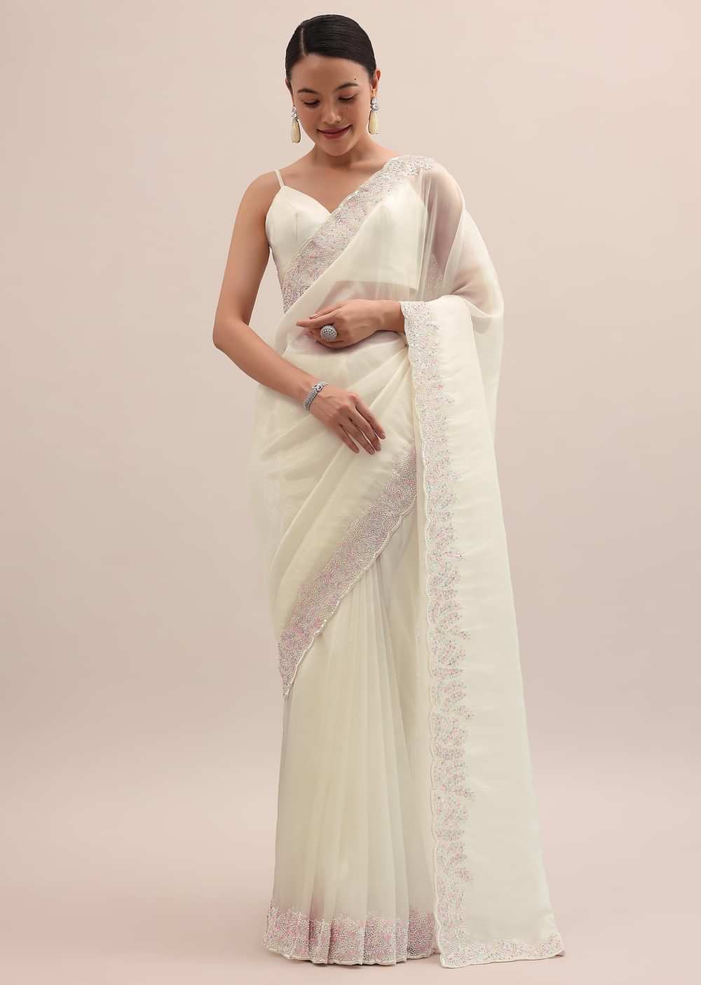 Off White Organza Saree In Thread Work With Unstitched Blouse