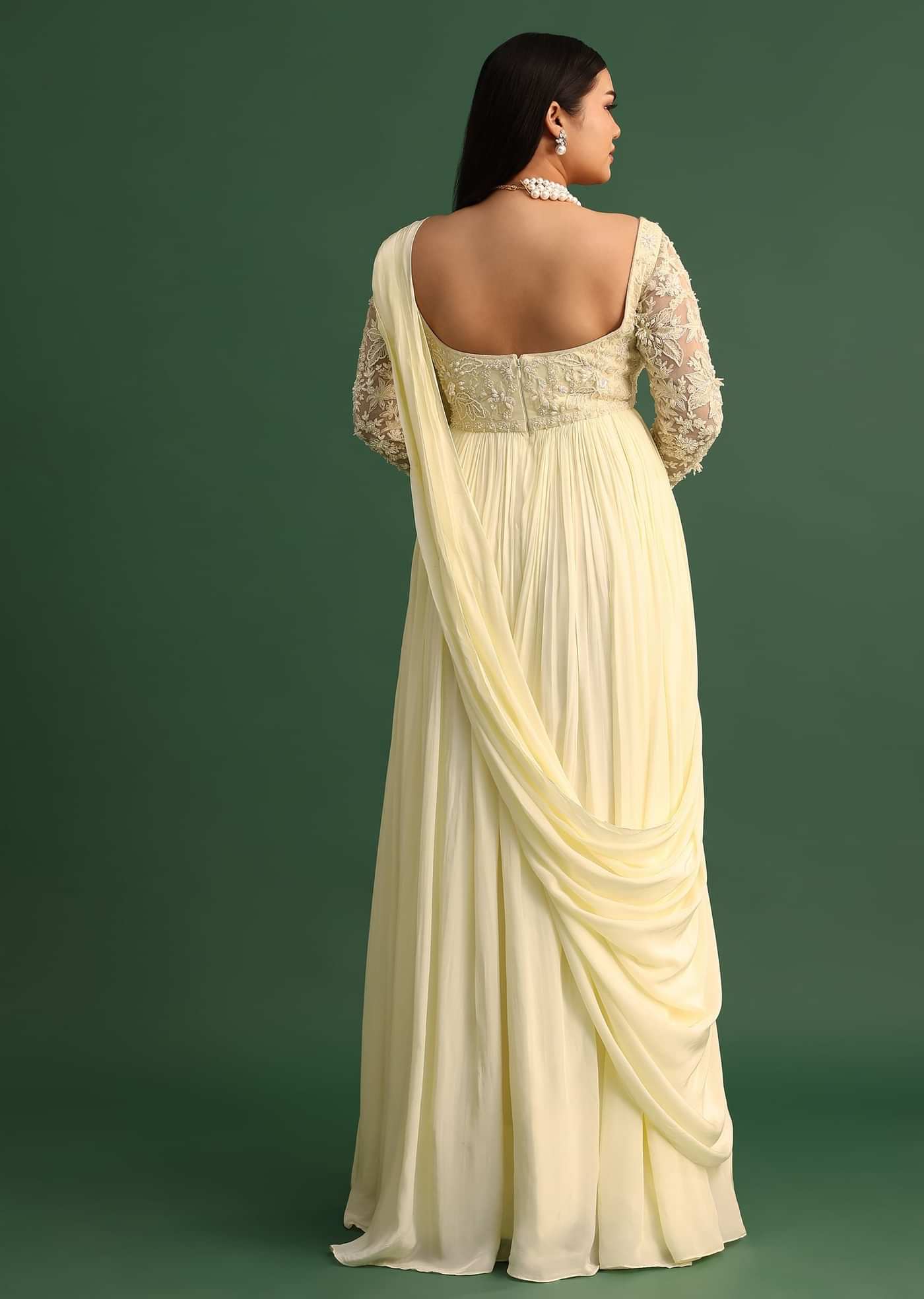 Off White Pallu Style Draped Anarkali Suit