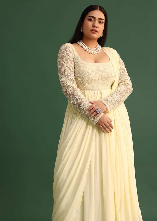 Off White Pallu Style Draped Anarkali Suit