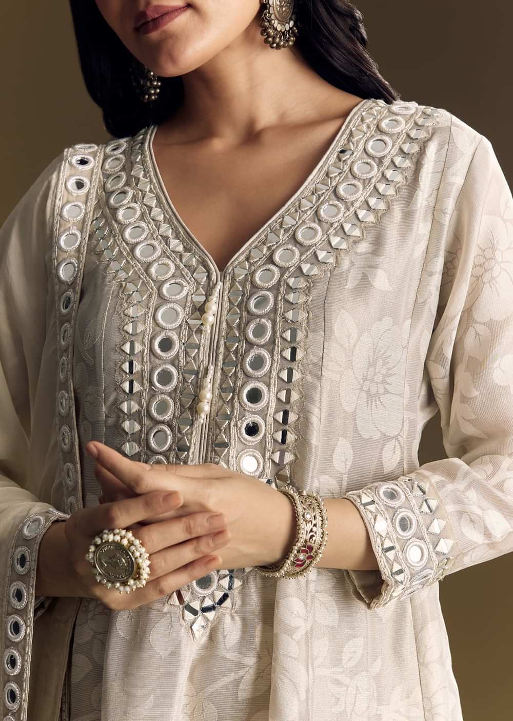 Off White Patiala Suit With Mirror Work Kurta Dupatta