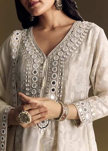 Off White Patiala Suit With Mirror Work Kurta Dupatta