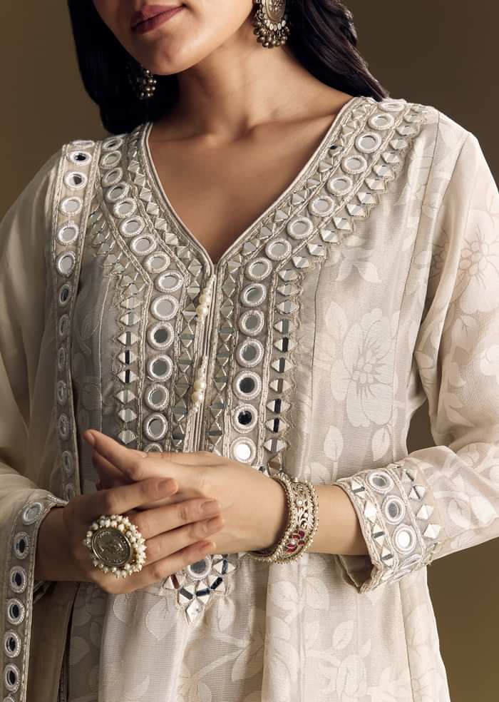 Off White Patiala Suit With Mirror Work Kurta Dupatta