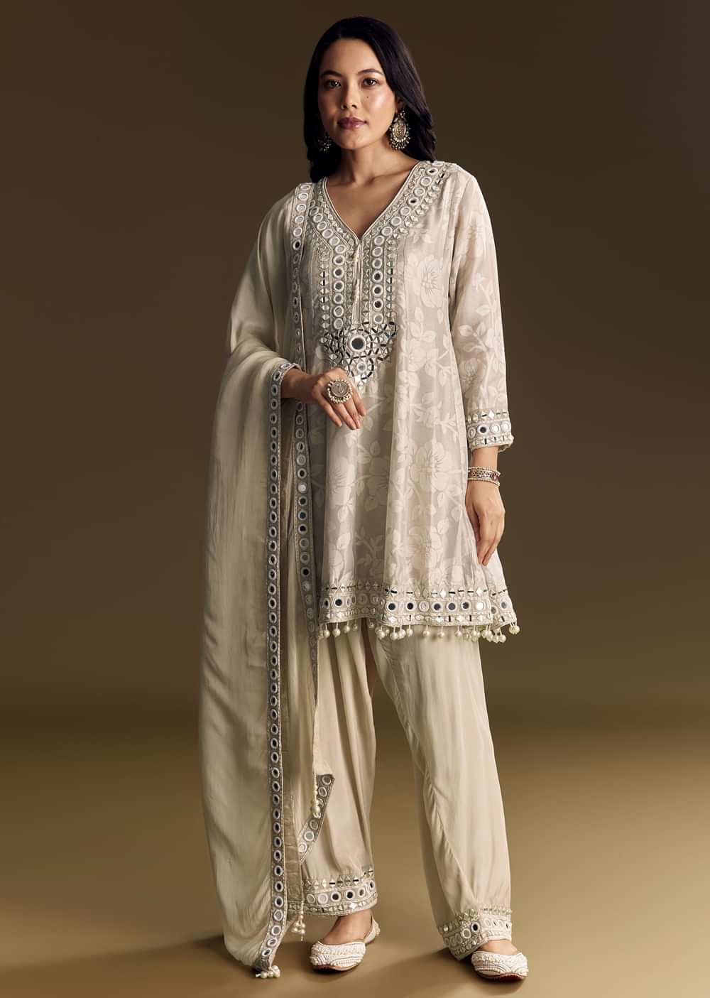 Off White Patiala Suit With Mirror Work Kurta Dupatta
