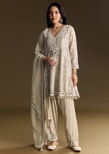 Off White Patiala Suit With Mirror Work Kurta Dupatta