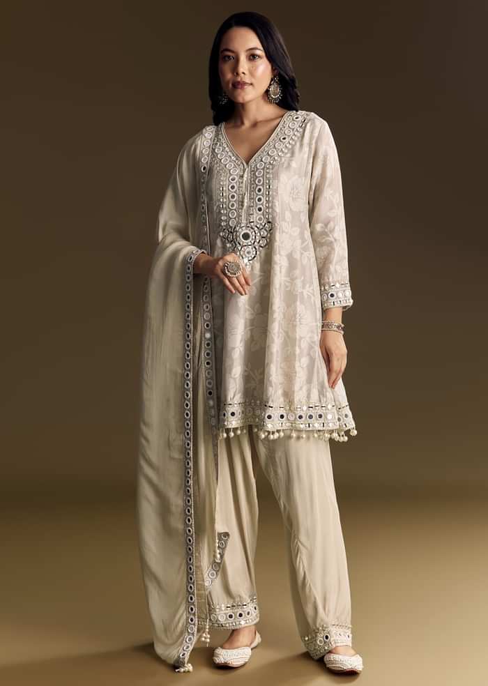 Off White Patiala Suit With Mirror Work Kurta Dupatta