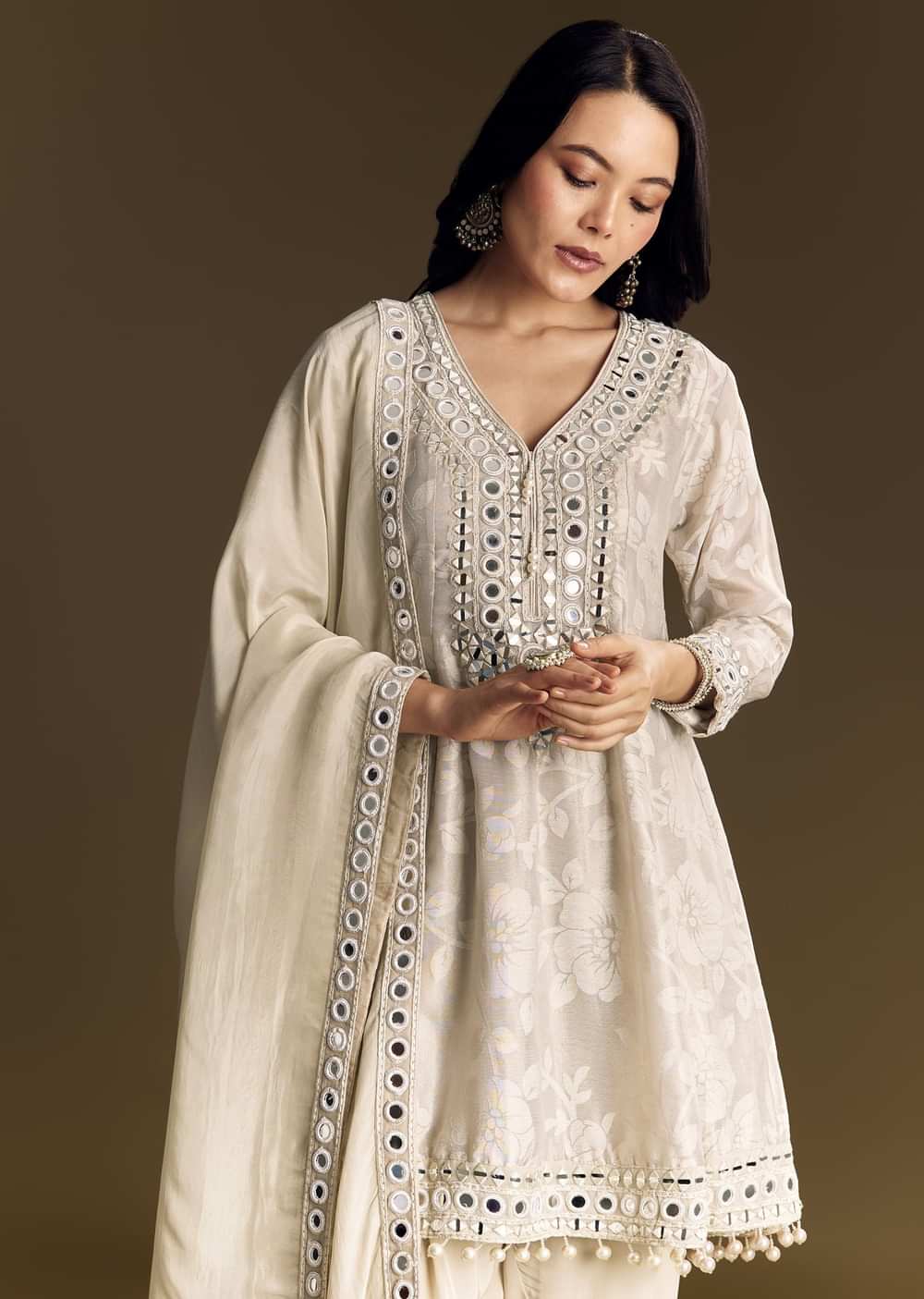 Off White Patiala Suit With Mirror Work Kurta Dupatta