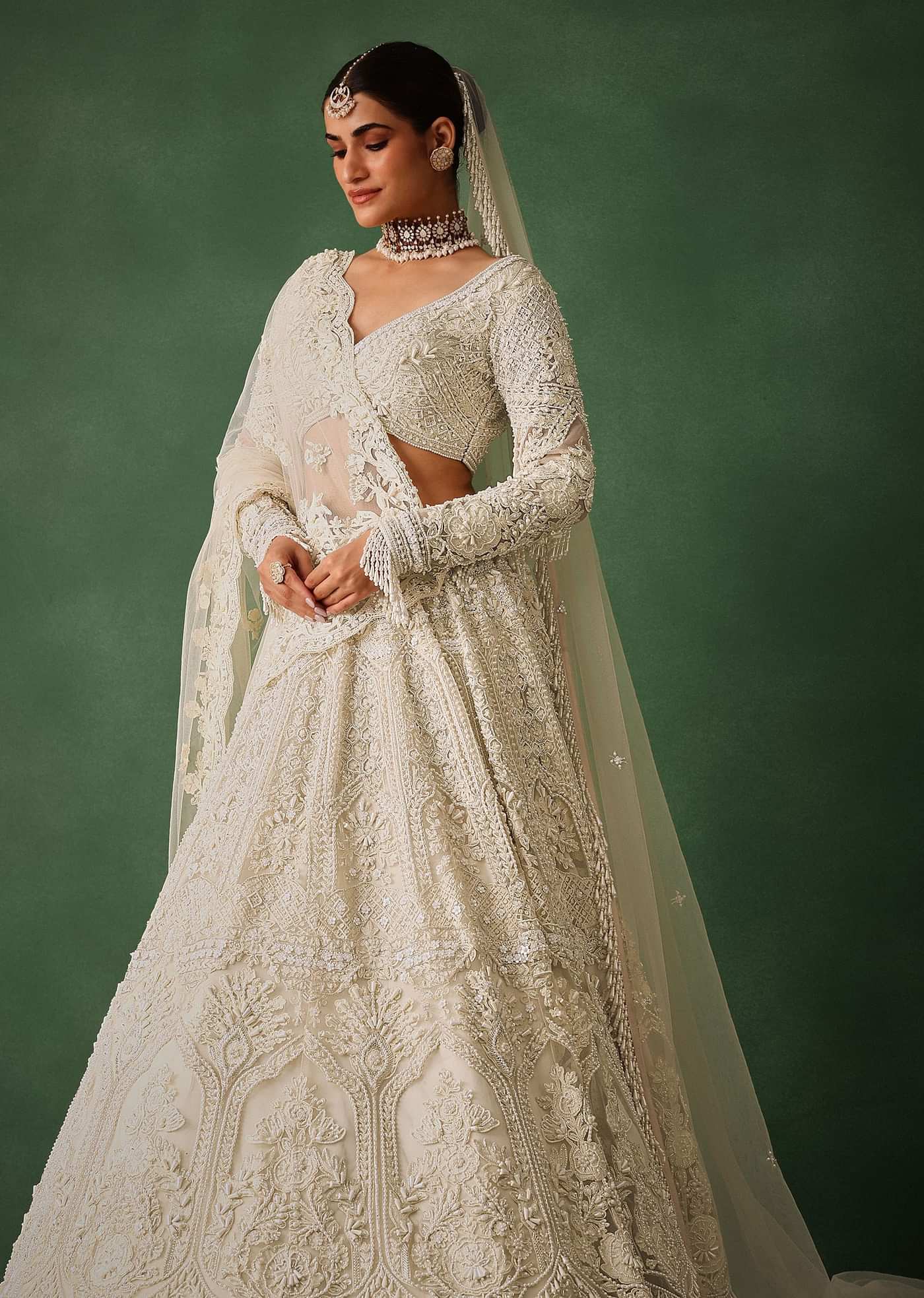 Off White Pearl Embroidered Lehenga Set With Dupatta