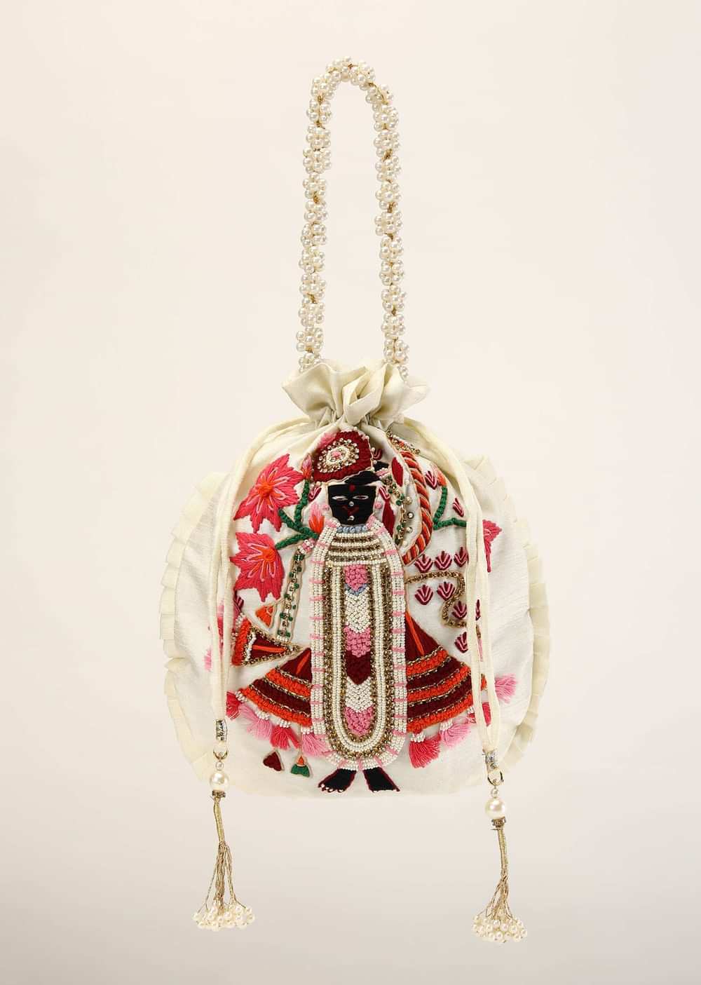 Off White Potli In Raw Silk With Hand Embroidered Goddess Motif Using Multi Colored Thread, Moti And Stone