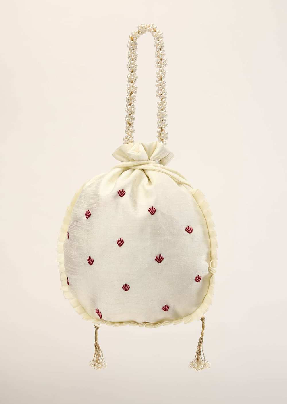 Off White Potli In Raw Silk With Hand Embroidered Goddess Motif Using Multi Colored Thread, Moti And Stone