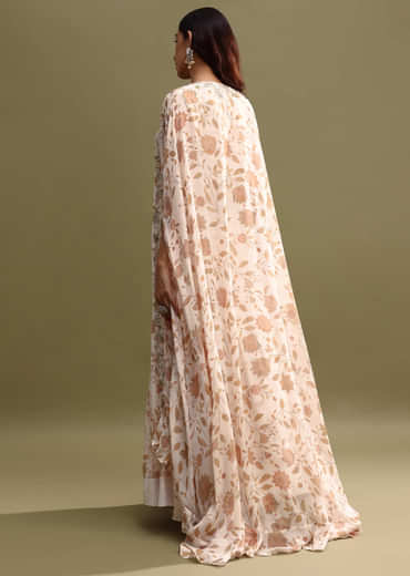 Off White Printed Chiffon Lehenga Choli Set