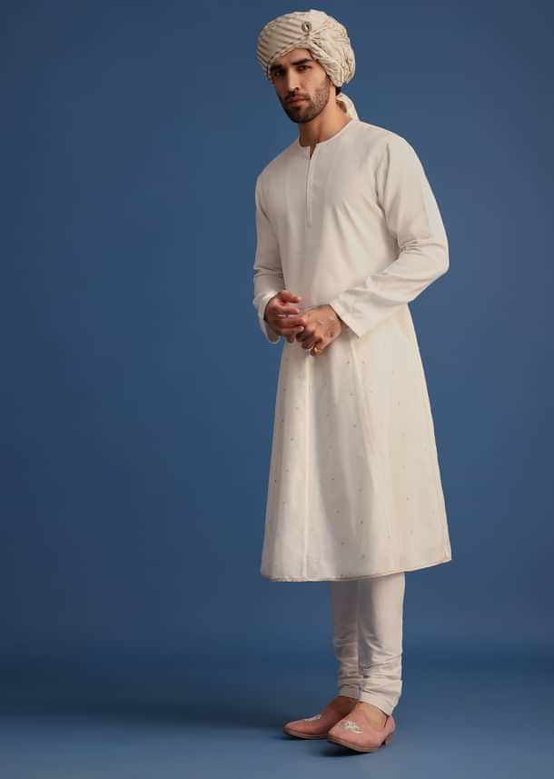 Off White Raw Silk Embroidered Sherwani Suit