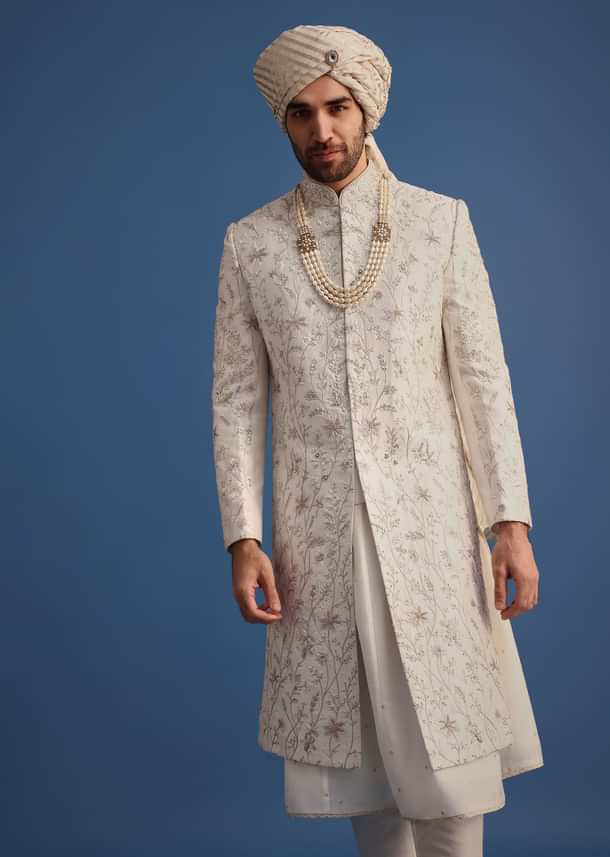 Off White Raw Silk Embroidered Sherwani Suit