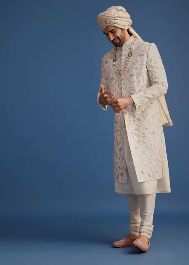 Off White Raw Silk Embroidered Sherwani Suit