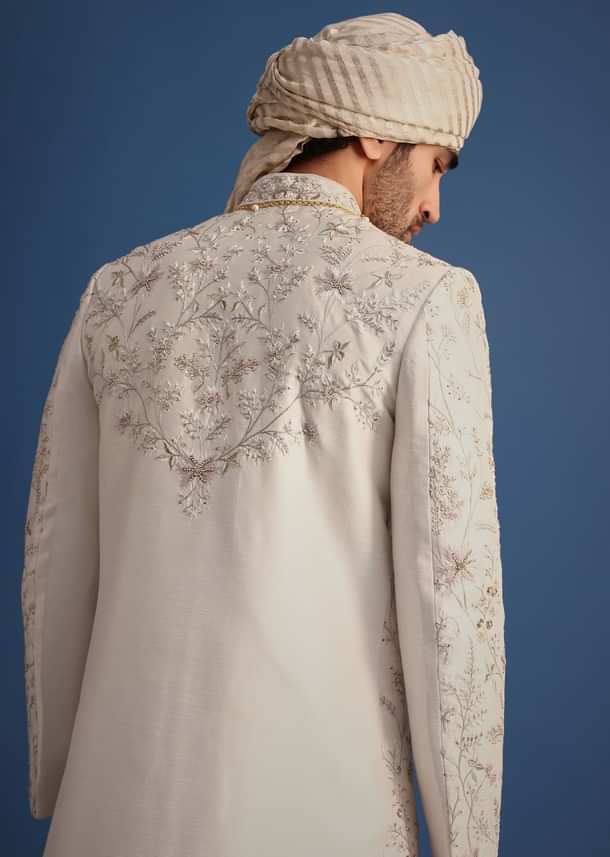 Off White Raw Silk Embroidered Sherwani Suit