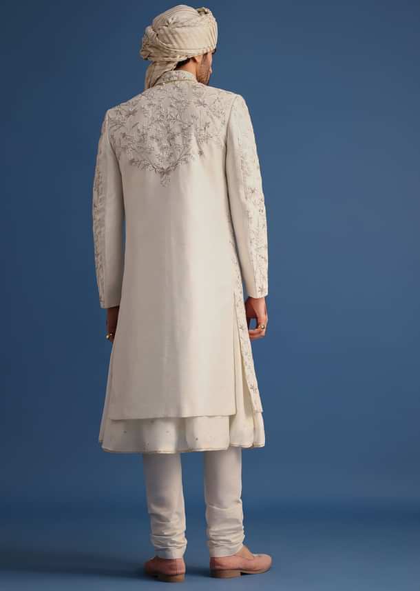 Off White Raw Silk Embroidered Sherwani Suit