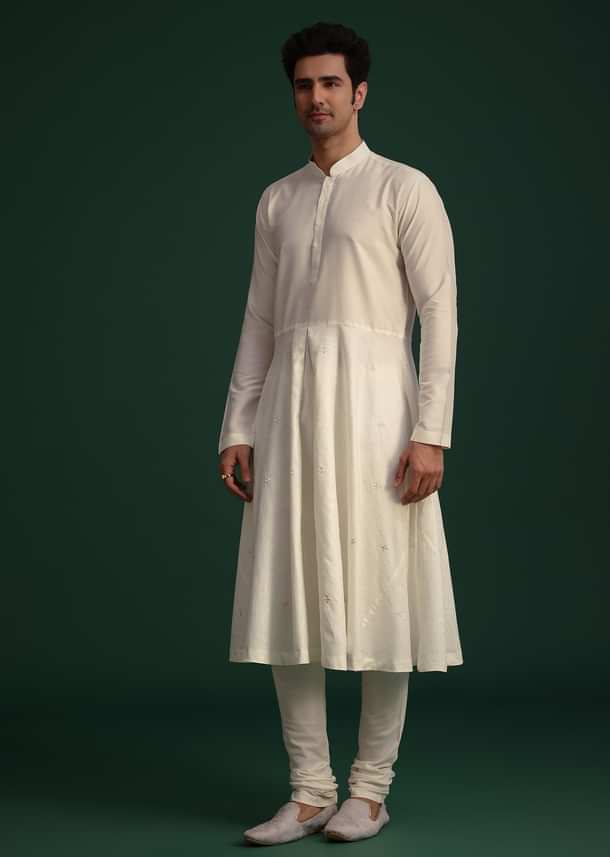 Off White Raw Silk Hand Embroidered Sherwani Dupatta Set