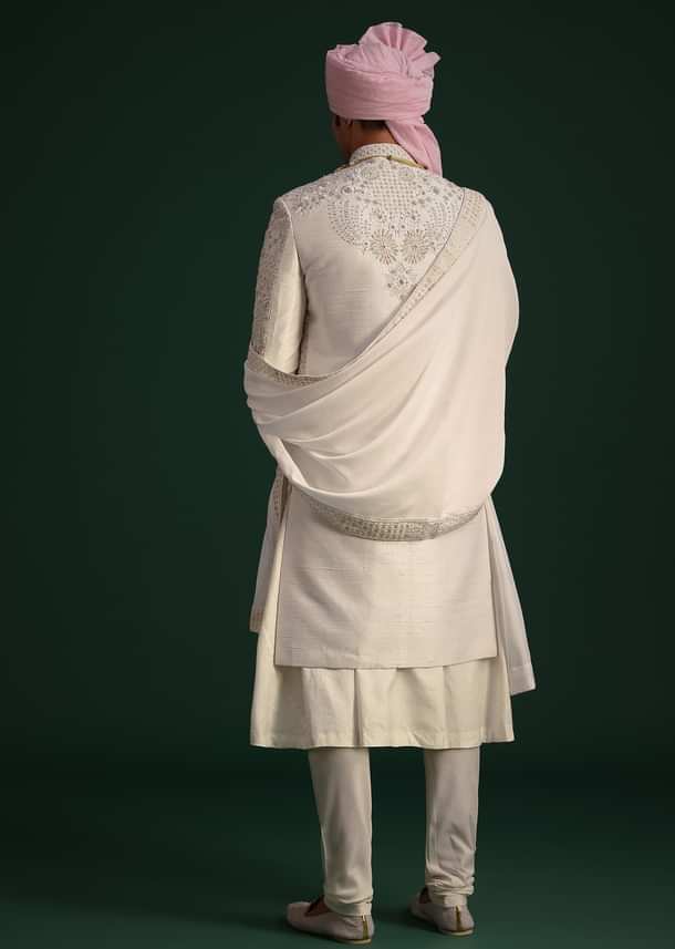 Off White Raw Silk Hand Embroidered Sherwani Dupatta Set
