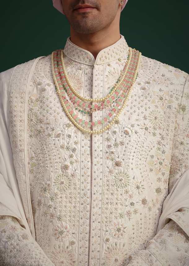 Off White Raw Silk Hand Embroidered Sherwani Dupatta Set