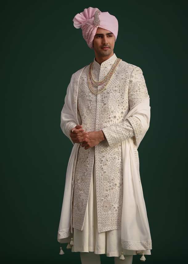 Off White Raw Silk Hand Embroidered Sherwani Dupatta Set