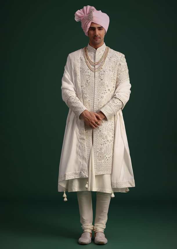 Off White Raw Silk Hand Embroidered Sherwani Dupatta Set