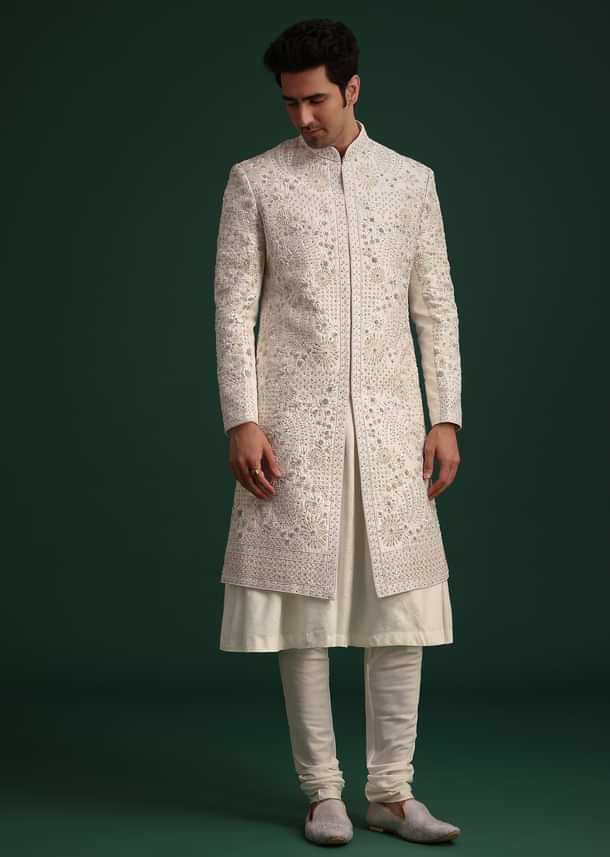Off White Raw Silk Hand Embroidered Sherwani Dupatta Set
