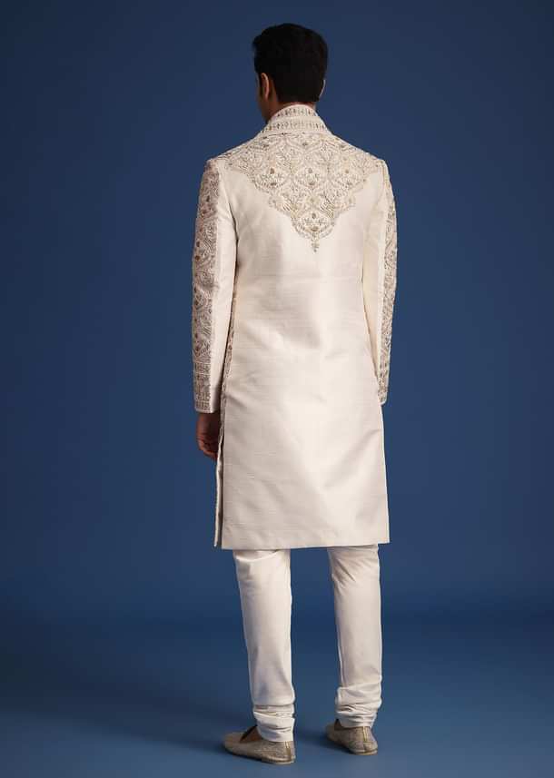 Off White Raw Silk Sherwani Set With Hand Work