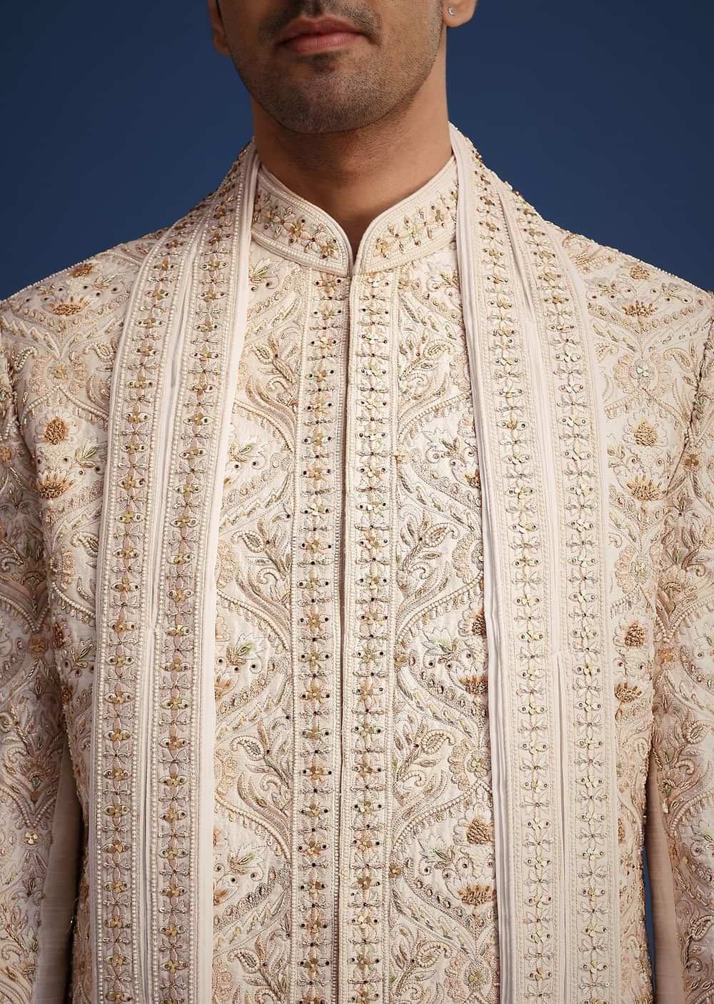 Off White Raw Silk Sherwani Set With Hand Work