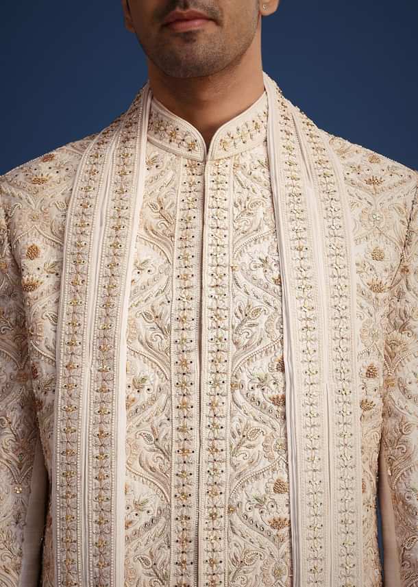 Off White Raw Silk Sherwani Set With Hand Work
