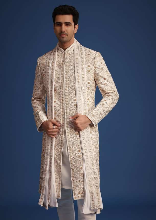 Off White Raw Silk Sherwani Set With Hand Work