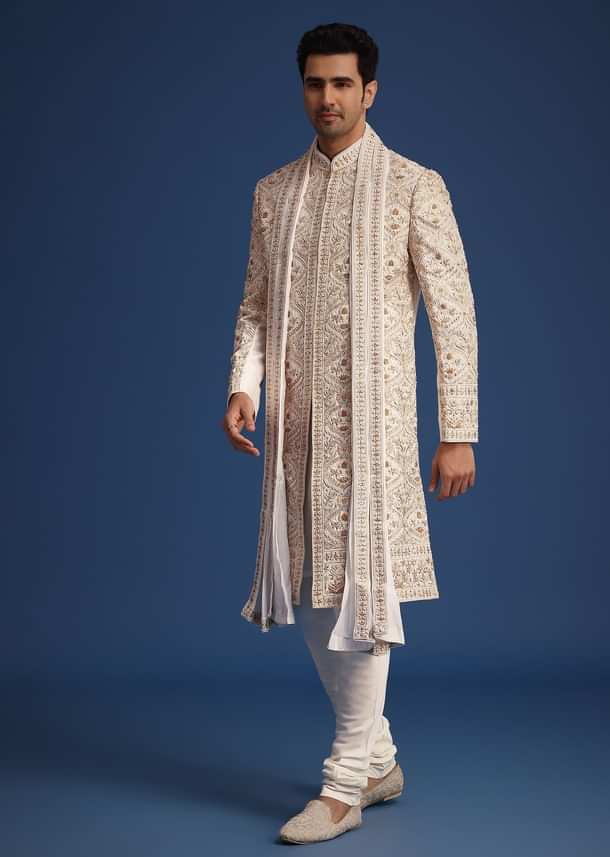 Off White Raw Silk Sherwani Set With Hand Work