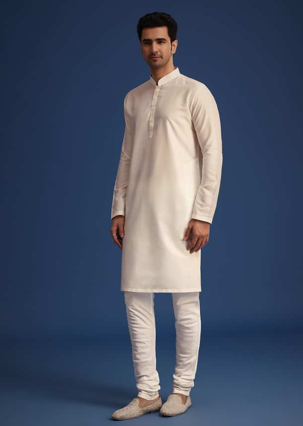 Off White Raw Silk Sherwani Set With Hand Work